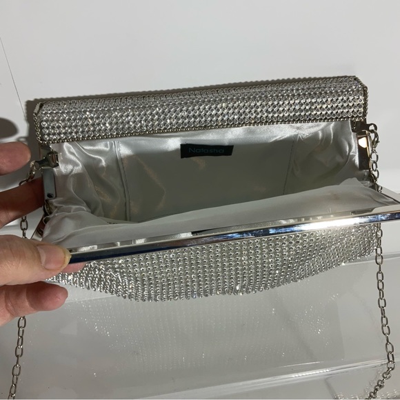 Natasha Shoulder Silver Sparkly Gem Clutch Special Occasion Evening Bag Chain - Picture 2 of 14